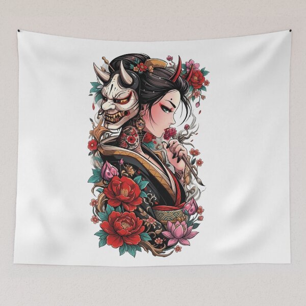 Item preview, Japanese Geisha Oni Mask Art - Japanese Demon & Floral Aesthetic designed and sold by The Magic Hand.