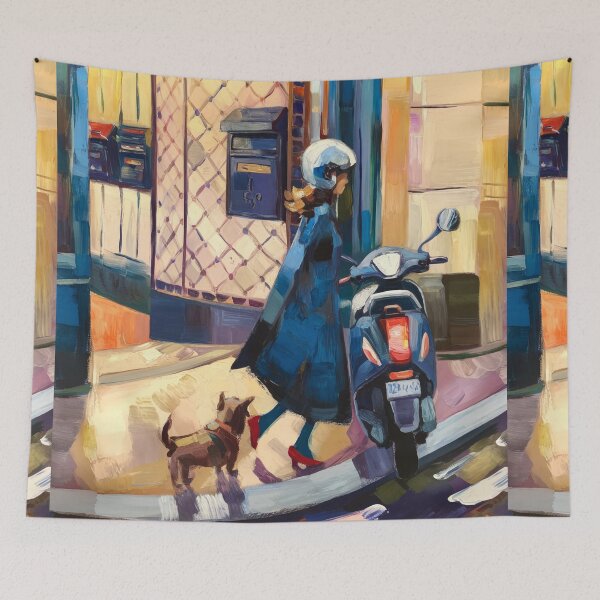 Item preview, Vintage Blue Vespa Scooter Travel Art Print Girl and Dog designed and sold by CARRAANN.
