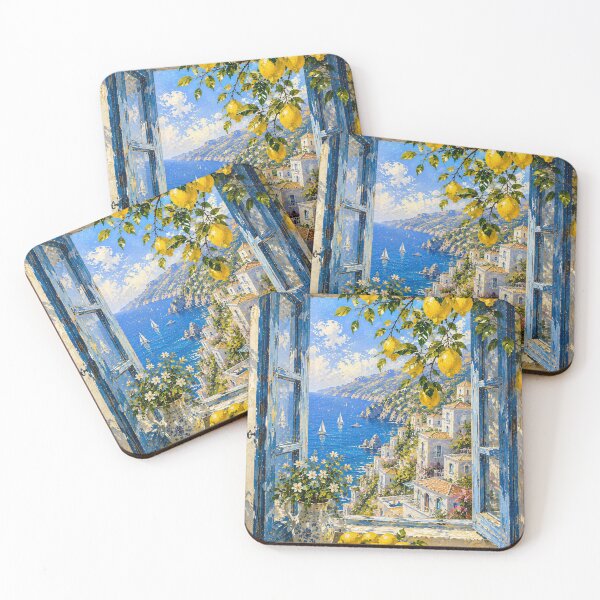 Item preview, Amalfi Coast Window With Lemons - Blue Shutters And Sea View Painting designed and sold by Jozefin's Studio.