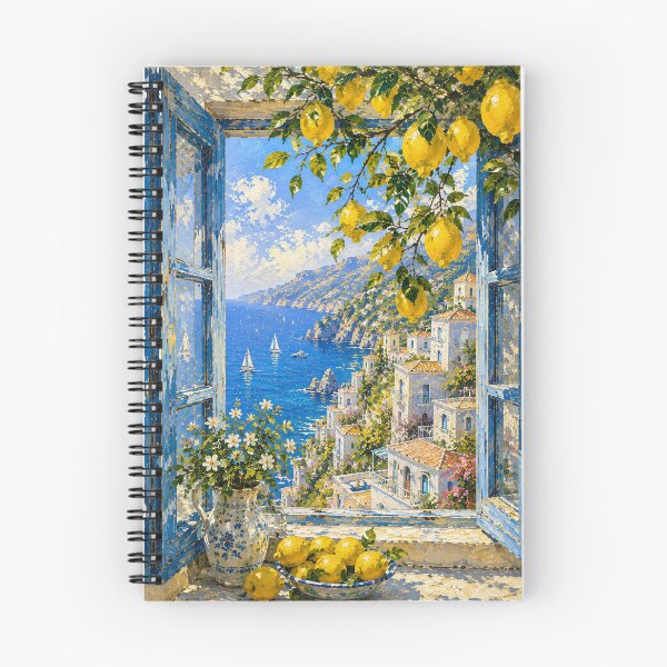 Item preview, Amalfi Coast Window With Lemons - Blue Shutters And Sea View Painting designed and sold by Jozefin's Studio.