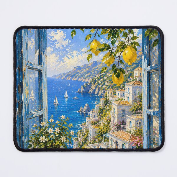 Item preview, Amalfi Coast Window With Lemons - Blue Shutters And Sea View Painting designed and sold by Jozefin's Studio.