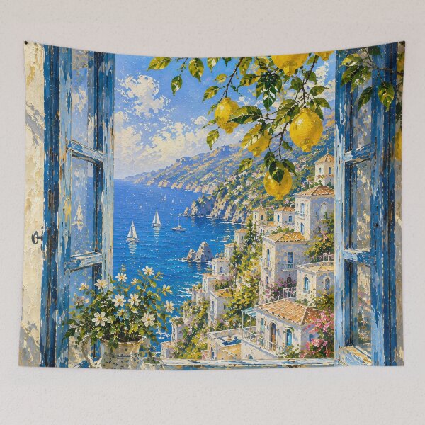 Item preview, Amalfi Coast Window With Lemons - Blue Shutters And Sea View Painting designed and sold by Jozefin's Studio.
