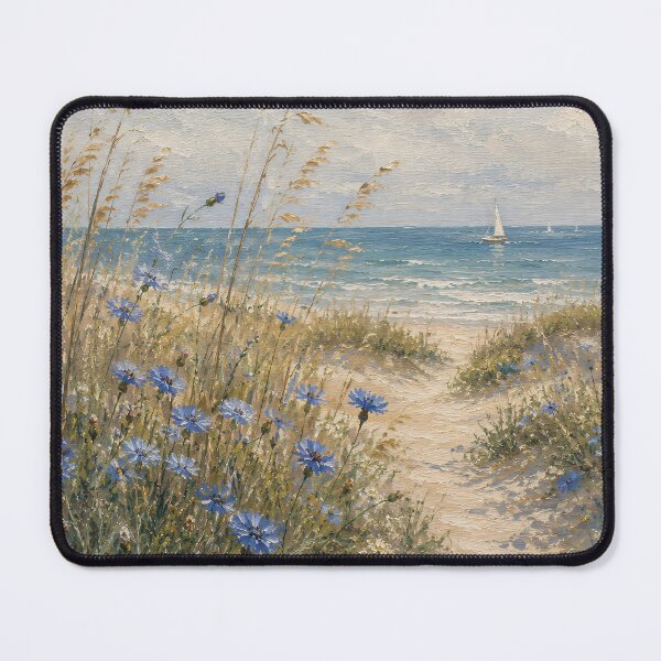 Item preview, Blue Cornflowers Dune Path To Ocean - Beach Grass And Sailboat Painting designed and sold by Jozefin's Studio.
