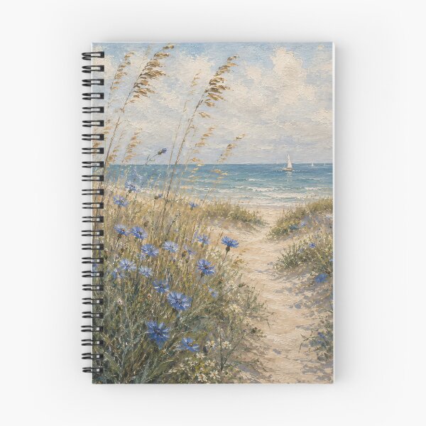 Item preview, Blue Cornflowers Dune Path To Ocean - Beach Grass And Sailboat Painting designed and sold by Jozefin's Studio.