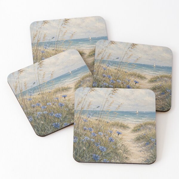 Item preview, Blue Cornflowers Dune Path To Ocean - Beach Grass And Sailboat Painting designed and sold by Jozefin's Studio.
