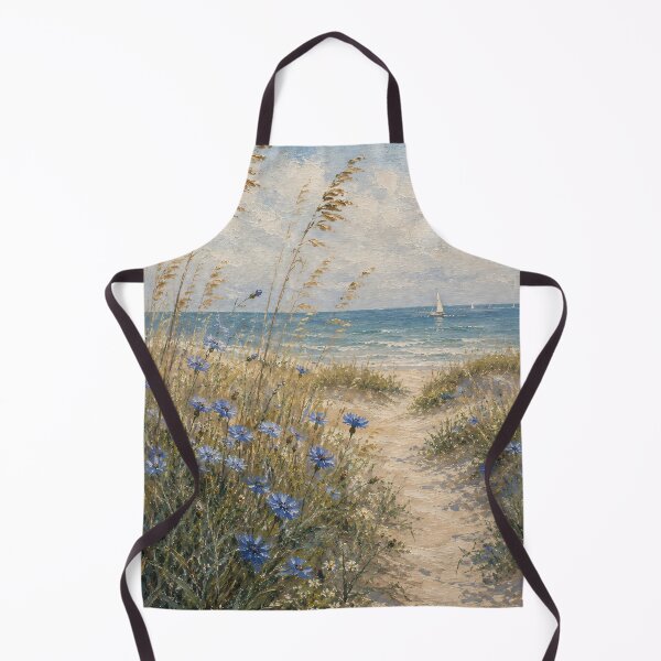 Item preview, Blue Cornflowers Dune Path To Ocean - Beach Grass And Sailboat Painting designed and sold by Jozefin's Studio.