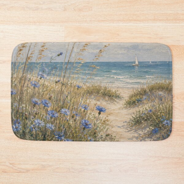 Item preview, Blue Cornflowers Dune Path To Ocean - Beach Grass And Sailboat Painting designed and sold by Jozefin's Studio.