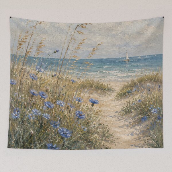 Item preview, Blue Cornflowers Dune Path To Ocean - Beach Grass And Sailboat Painting designed and sold by Jozefin's Studio.