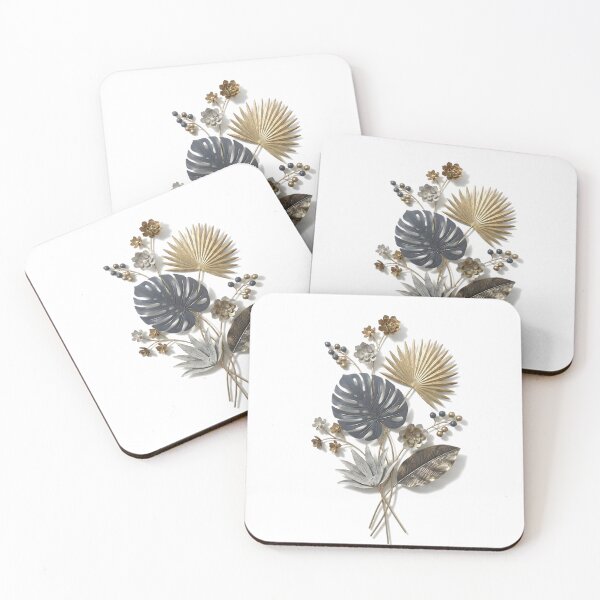 Item preview, 3D Metal Tropical Botanical Bouquet Wall Art Print | Gold Monstera Palm Fan Succulent Poster | Slate Blue & Brass Metallic Relief | Modern Home Decor designed and sold by SergioMiklos.