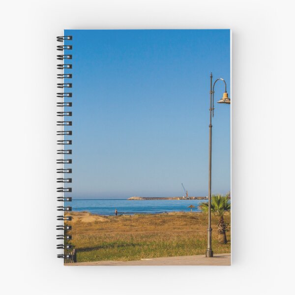 Item preview, Coastal Promenade Lamp Post Overlooking Calm Sea, Sandy Dunes and Distant Harbor Cranes at Sunrise designed and sold by Nmallia.