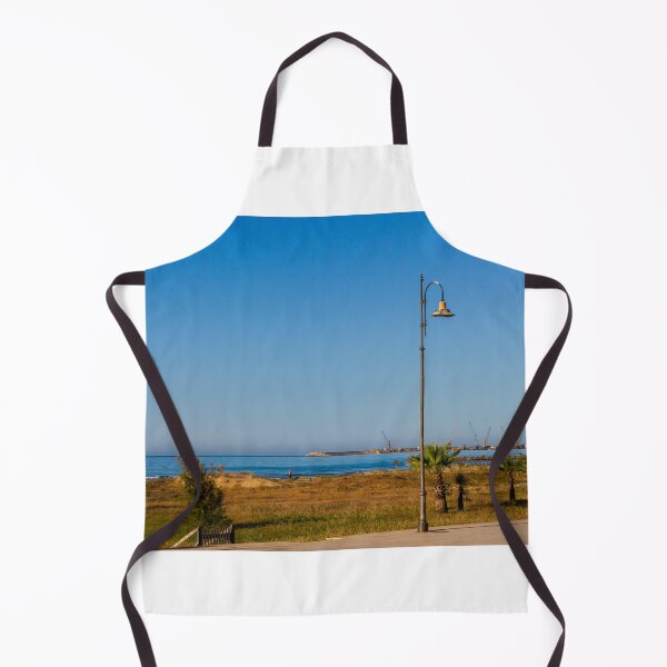 Item preview, Coastal Promenade Lamp Post Overlooking Calm Sea, Sandy Dunes and Distant Harbor Cranes at Sunrise designed and sold by Nmallia.