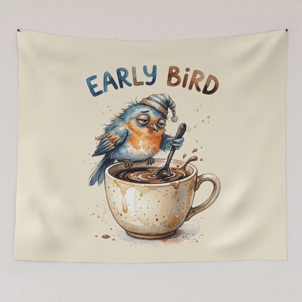 Item preview, Early Bird Tired Grumpy Coffee Bird Cartoon designed and sold by chriswo-design.