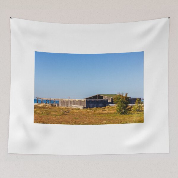 Item preview, Weathered Wooden Beach Shack by Coastal Grassland Under Clear Blue Sky and Ocean Horizon designed and sold by Nmallia.
