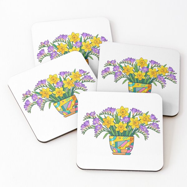 Item preview, Pop Art Floral Design – Yellow Daffodils & Purple Freesias in Patterned Ceramic Pot designed and sold by TontikDesign.