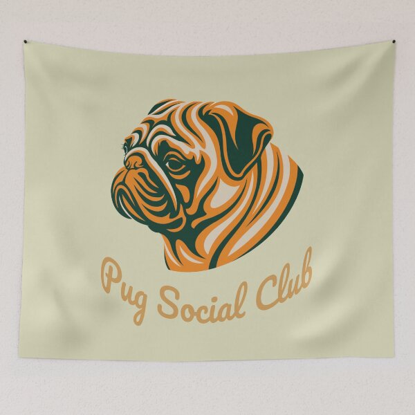 Artikelvorschau, Pug Social Club Vintage-Abzeichen Mops (orange Schrift) entworfen und verkauft von Kinship-Pets.