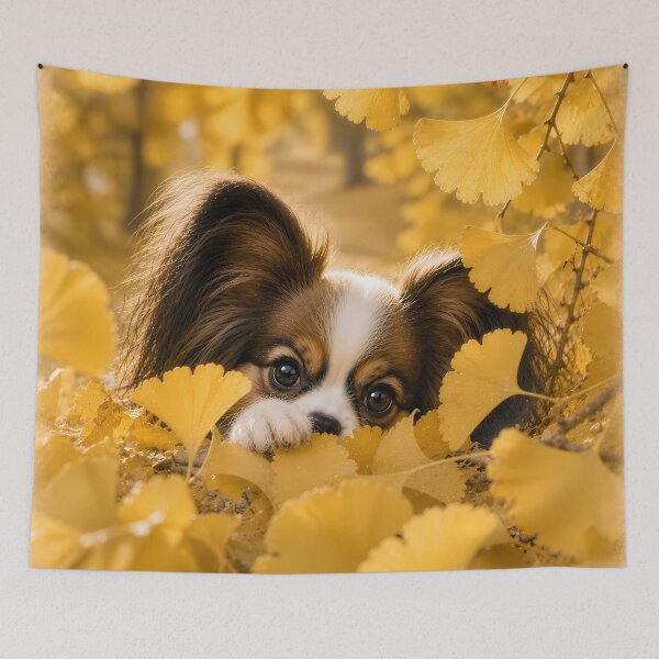 Item preview, Papillon Dog Peeking Through Golden Ginkgo Leaves designed and sold by ManJiangHong.