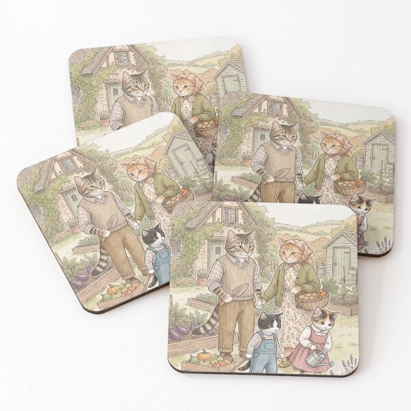 Item preview, Watercolor illustration of a family of cats in a cozy country orchard designed and sold by TheCoolCatsMx.
