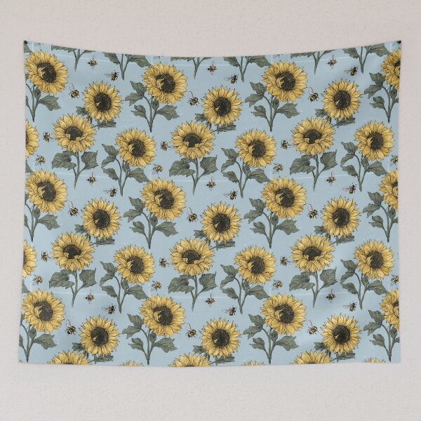 Item preview, Blooming Sunflower Stalks & Honeybee Sky Blue Tapestry designed and sold by TJ Art and Camera.