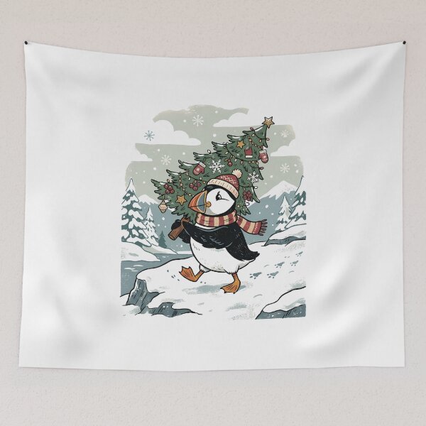 Item preview, Festive Puffin Carrying Christmas Tree / Coastal Bird / Ocean Christmas designed and sold by VibranPalette.