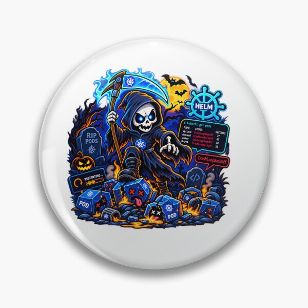 Item preview, Kubernetes Pod Crash Loop Grim Reaper Halloween T-Shirt and Sticker designed and sold by PixelForge Studio2.
