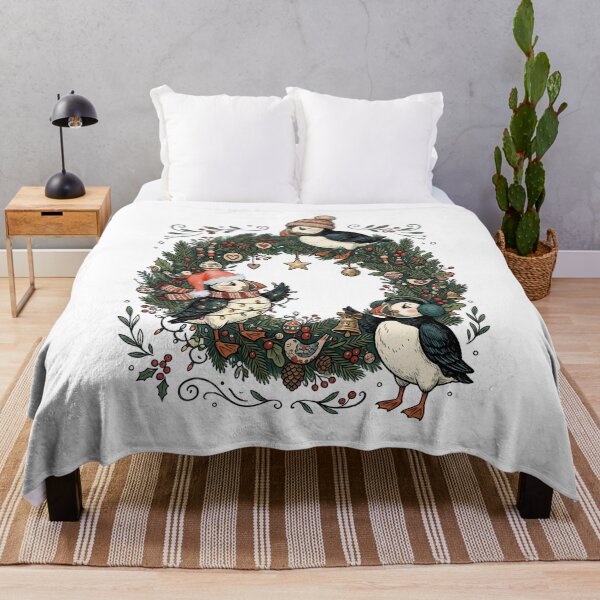Item preview, Cozy Puffin Wreath Coastal Christmas / Seabird art / Nordic Coastal art designed and sold by VibranPalette.