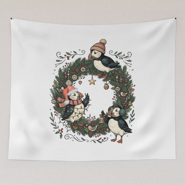 Item preview, Cozy Puffin Wreath Coastal Christmas / Seabird art / Nordic Coastal art designed and sold by VibranPalette.