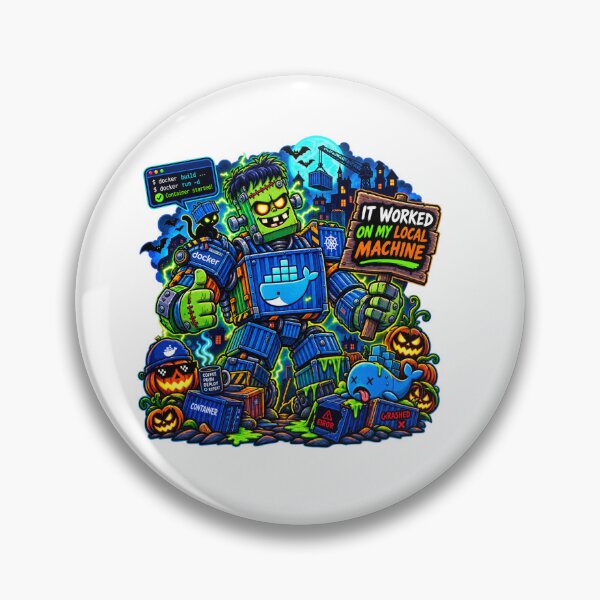 Item preview, It Worked On My Machine Docker Frankenstein Halloween T-Shirt and Sticker designed and sold by PixelForge Studio2.