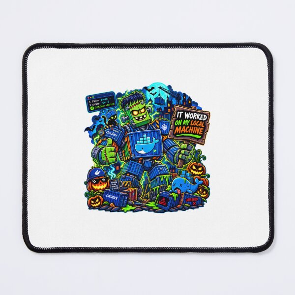 Item preview, It Worked On My Machine Docker Frankenstein Halloween T-Shirt and Sticker designed and sold by PixelForge Studio2.