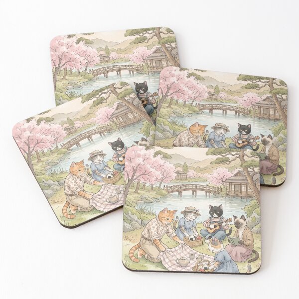 Item preview, Cats on a spring picnic in a Japanese garden with watercolor cherry blossoms designed and sold by TheCoolCatsMx.