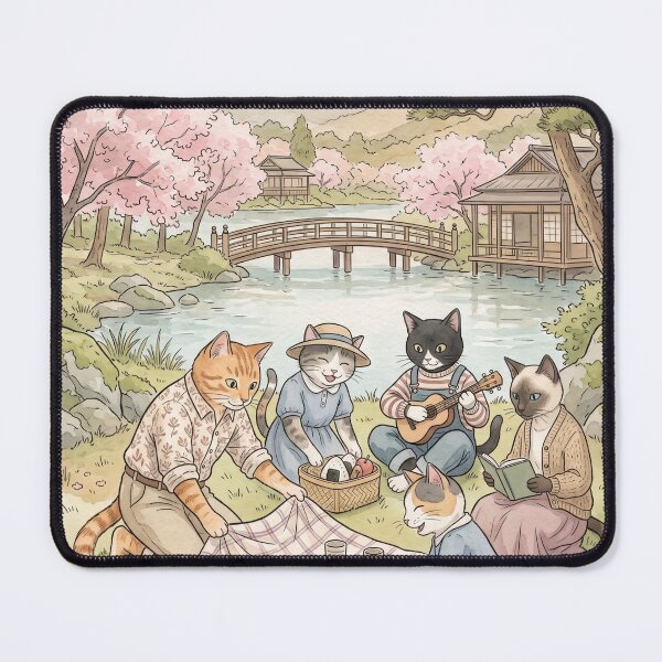 Item preview, Cats on a spring picnic in a Japanese garden with watercolor cherry blossoms designed and sold by TheCoolCatsMx.