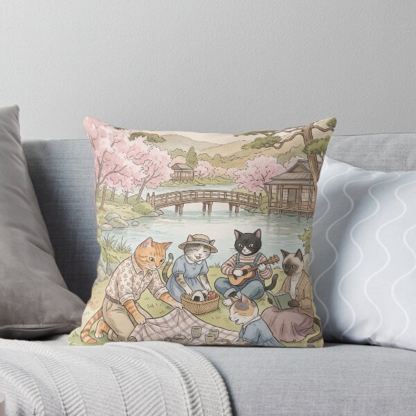 Item preview, Cats on a spring picnic in a Japanese garden with watercolor cherry blossoms designed and sold by TheCoolCatsMx.