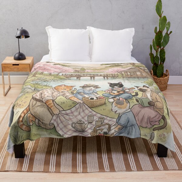 Item preview, Cats on a spring picnic in a Japanese garden with watercolor cherry blossoms designed and sold by TheCoolCatsMx.