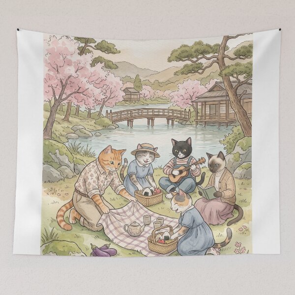Item preview, Cats on a spring picnic in a Japanese garden with watercolor cherry blossoms designed and sold by TheCoolCatsMx.