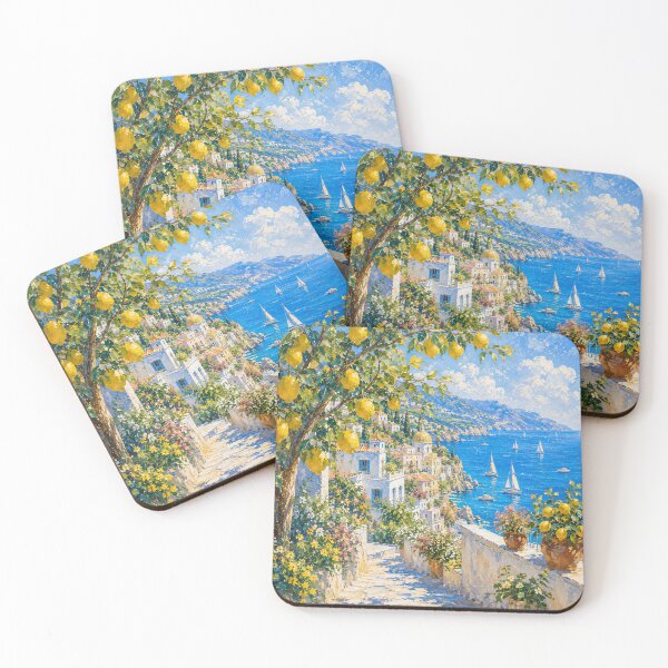 Item preview, Lemon Tree Path To Amalfi Coast - Mediterranean Village And Sailboats Painting designed and sold by Jozefin's Studio.