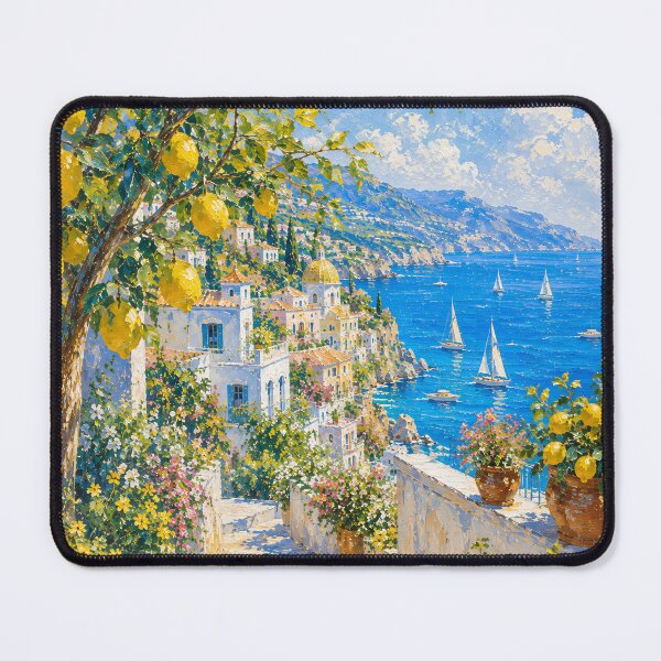 Item preview, Lemon Tree Path To Amalfi Coast - Mediterranean Village And Sailboats Painting designed and sold by Jozefin's Studio.