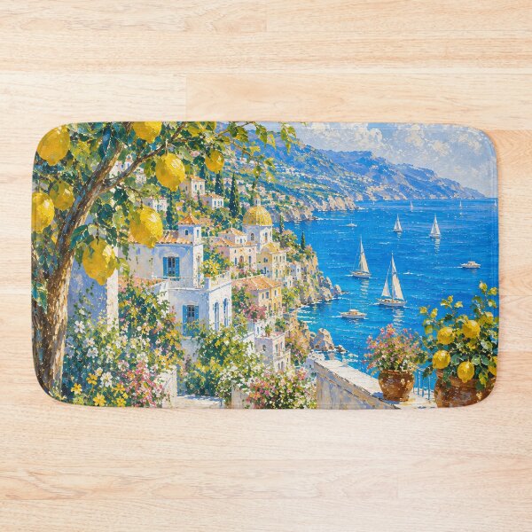 Item preview, Lemon Tree Path To Amalfi Coast - Mediterranean Village And Sailboats Painting designed and sold by Jozefin's Studio.