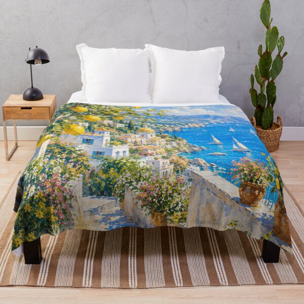 Item preview, Lemon Tree Path To Amalfi Coast - Mediterranean Village And Sailboats Painting designed and sold by Jozefin's Studio.
