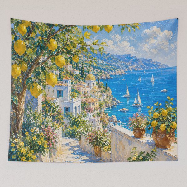 Item preview, Lemon Tree Path To Amalfi Coast - Mediterranean Village And Sailboats Painting designed and sold by Jozefin's Studio.