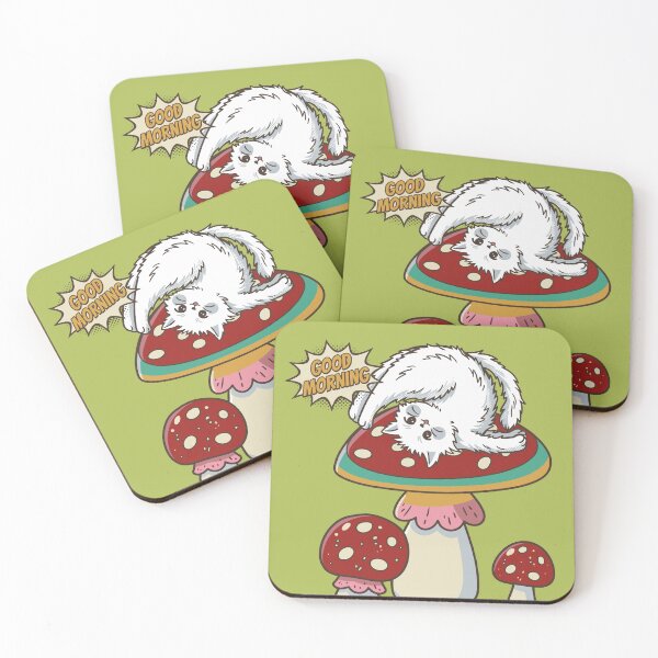 Item preview, Cute White Cat Stretching on Amanita Mushroom Good Morning designed and sold by chriswo-design.