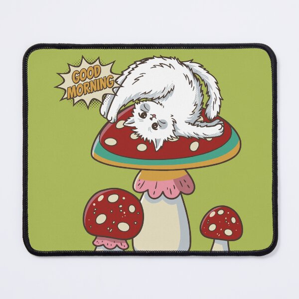 Item preview, Cute White Cat Stretching on Amanita Mushroom Good Morning designed and sold by chriswo-design.