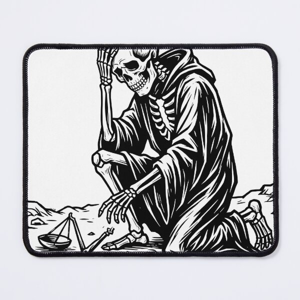 Item preview, Skeleton Grim Reaper Kneeling over Broken Scales of Justice Linocut designed and sold by MisteryDesigner.