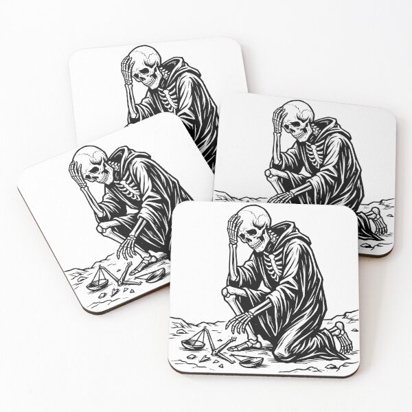 Item preview, Skeleton Grim Reaper Kneeling over Broken Scales of Justice Linocut designed and sold by MisteryDesigner.