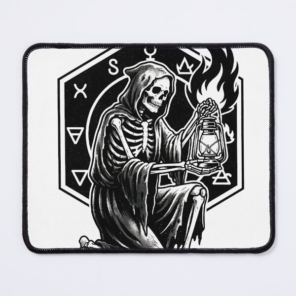 Item preview, Grim Reaper Skeleton Kneeling Holding Flaming Oil Lantern Hexagon designed and sold by MisteryDesigner.