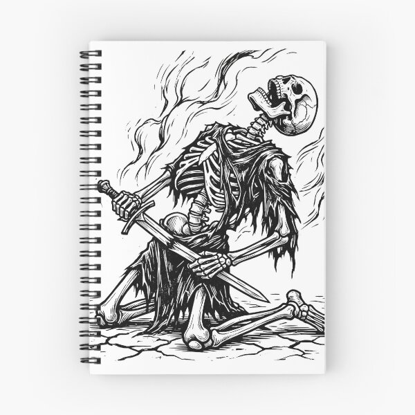Item preview, Defeated Skeleton Warrior Kneeling holding Sword in Smoke Vintage Linocut designed and sold by MisteryDesigner.