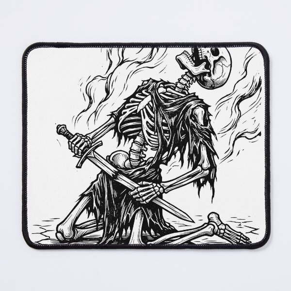 Item preview, Defeated Skeleton Warrior Kneeling holding Sword in Smoke Vintage Linocut designed and sold by MisteryDesigner.