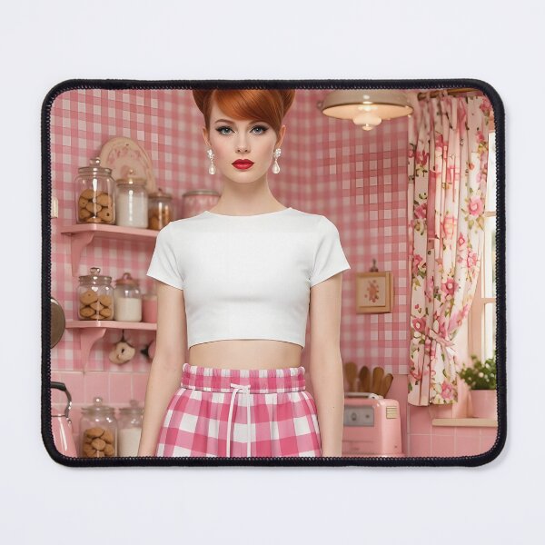 Item preview, 60s Pink Gingham Kitchen Fashion - Mod Girl in Checked Pants and Beehive | Retro Kitchen designed and sold by Ela Art Space .