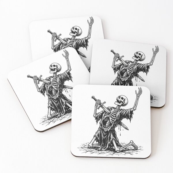 Item preview, Kneeling Skeleton Pierced Through Chest with Sword Linocut Dark Art designed and sold by MisteryDesigner.