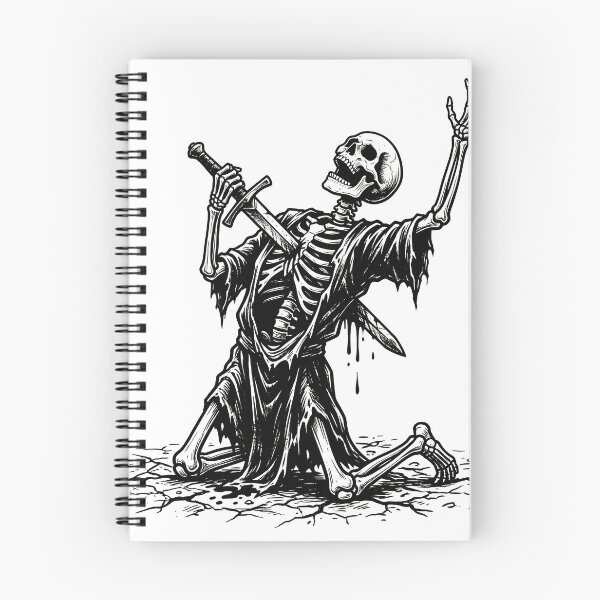 Item preview, Kneeling Skeleton Pierced Through Chest with Sword Linocut Dark Art designed and sold by MisteryDesigner.