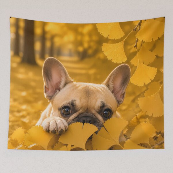 Item preview, French Bulldog Peeking Through Golden Ginkgo Leaves designed and sold by ManJiangHong.