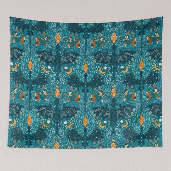 Artikelvorschau, Dark Whimsigoth Dragon and Forest Foxes Folk Art Pattern entworfen und verkauft von chriswo-design.